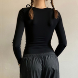 Black Y2K Knit Pullover Sweater | Vintage Floral V-Neck Bodycon Long Sleeve T-Shirt with Contrast Trim | Spandex/Polyester