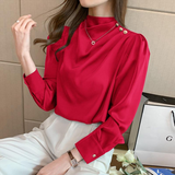 Elegant Draped High-Neck Satin Blouse