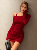 Ruched Off-Shoulder Bell Sleeve Mini Dress