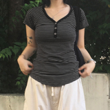 Women's Summer Vintage V-Neck Pullover Sweater , Short Sleeve Striped Y2K Fashion Tee , Slim Fit Basic Casual Top with Button Detail