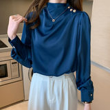 Elegant Draped High-Neck Satin Blouse