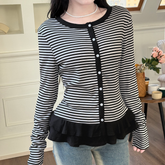 Ribbed Striped Button-Front Cardigan with Ruffle Hem