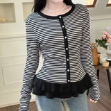 Ribbed Striped Button-Front Cardigan with Ruffle Hem