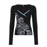Black Y2K Knit Pullover Sweater | Vintage Floral V-Neck Bodycon Long Sleeve T-Shirt with Contrast Trim | Spandex/Polyester