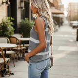 Spring Summer Fashion Female Sleeveless O-Neck Casual Thin Top , Striped Butterfly Sleeve Loose Fit Breathable Knit