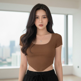 Fitted Ribbed Square Neck Short-Sleeve Top