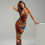 Abstract Print Ruched Maxi Slip Dress