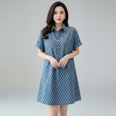 Checkered Print Denim Short-Sleeve Shirt Dress