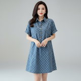 Checkered Print Denim Short-Sleeve Shirt Dress