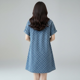 Checkered Print Denim Short-Sleeve Shirt Dress