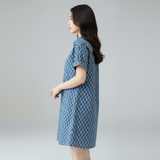 Checkered Print Denim Short-Sleeve Shirt Dress
