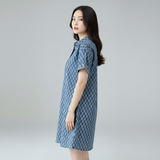 Checkered Print Denim Short-Sleeve Shirt Dress