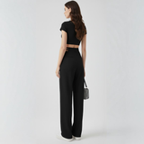 Criss-Cross Mesh Cutout High-Waist Wide-Leg Trousers
