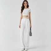 Criss-Cross Mesh Cutout High-Waist Wide-Leg Trousers