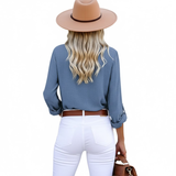 Women’s Everyday V-Neck Button-Up Blouse for Effortless Style - Casual Roll-Sleeve V-Neck Henley Shirt