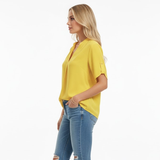 V-Neck Split Sleeve Blouse - Women’s Blouse – Mandarin Collar V-Neck Top with Split Cap Sleeves
