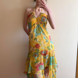 Tropical Floral Print Halter Neck Maxi Dress