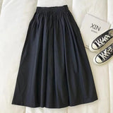 Women Elastic High Waist Gathered Midi Skirt Solid Loose A-Line Flowy Long Skirt Minimalist Casual Daily Ladies Swing Skirt