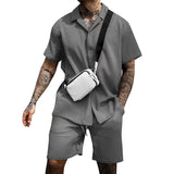Men's Waffle Knit Two Piece Set Short Sleeve Cuban Collar Shirt & Shorts Casual Summer Outfit