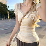 Women Faux Two Piece Ribbed Knit T-shirt Lace Trim U Neck Button Detail Slim Short Sleeve Crop Top Sweet Casual Daily Tees
