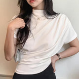 Women Mock Neck Draped Ruched Waist Short Sleeve Knit Top Slim Fitted Elegant Casual Blouse