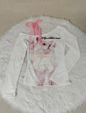 American-style Spicy Cat Y2K One-character Collar Long-sleeved T-shirt Women's Open-shoulder Lace Stitching Trendy Top