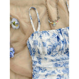 Women Spaghetti Strap Blue Floral Print Mini Dress Ruched Waist Slim Fit A Line Casual Summer Beach Dress