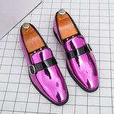Mens Luxury Shiny Metallic Magenta Patent Leather Loafers Slip on Dress Shoes With Buckle Strap for Wedding Party Prom