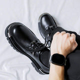 Premium Black Microfiber Leather Men Platform Shoes Chunky Lug Sole Metallic Accents Lace-Up Design Bold Statement Footwear