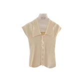 Women Lapel Cap Sleeve Knit Top Single Breasted Button Irregular Curved Hem Slim Fit Solid Casual Summer Cropped Knitted Blouse