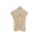 Women Lapel Cap Sleeve Knit Top Single Breasted Button Irregular Curved Hem Slim Fit Solid Casual Summer Cropped Knitted Blouse