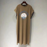 Women Vintage Harbour Sailboat Print Roll Sleeve T Shirt Dress Side Slit Loose Casual Long Maxi Dress