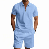 Men's Summer 2 Piece Outfit Waffle Knit Solid Color Casual Loose Lapel T-Shirt & Shorts Set