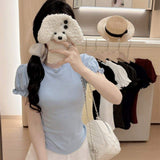 2026 New Arrival Women's Ribbed Knit Puff Sleeve T-Shirt with Built-In Bra, Crew Neck Casual Top for Daily Wear