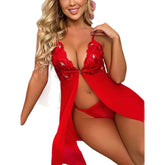 Sexy Lace Backless Slit Mesh Camisole Nightgown Set
