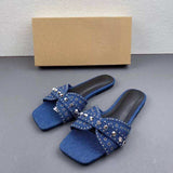 Women's Lux Anti-Slip Rhinestone Sandals - Stylish Denim Flat Shoes for Indoor & Outdoor Use