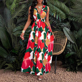 Women's Long Flare Dress Tropical Printed V-Neck Slim Dress Twisted Knit Waist Design Dress