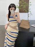 Ribbed A-line Dress Knitted Contrasting Colors Bodycon Dress Slit Sexy Cami Dress
