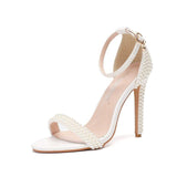 Ladies White Pearl Upper Decorated Stiletto Heeled Sandals Open Toe Ankle Buckle Strap for Evening Prom Events