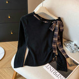 Korean Style Plaid Bow Knit Top Women's Slim Fit Long Sleeve Off Shoulder Casual Top with Side Drawstring