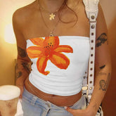 Women Tropical Hibiscus Floral Print Tube Top Ruched Side Slim Fit Strapless Cropped Cami Summer Y2K Streetwear Top