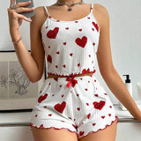 Classic Hot Selling Style Women's love Printed Suspender Shorts Two-piece Set Home Clothes