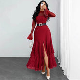 Mesh Long Sleeve Polka Dot Maxi Dress Women Ruffle Flare Sleeve High Slit Mermaid Evening Dress