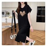 Women Crew Neck Heart Cutout Print T Shirt Dress Loose Oversized Casual Long Tee Dress Home Loungewear