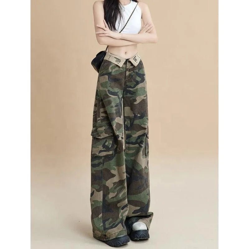 American Camouflage Cargo Pants for Women Summer High - Waisted Turn - Up Straight - Leg Loose Slimming Floor - Length Pants - Zeprah