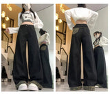 American High Waist Washed Leopard Print Wide Leg Women's Jeans Spring and Autumn New Straight Tube Straight Pants - Zeprah