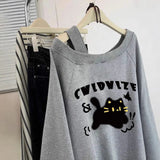 American Retro Gray Slant Shoulder Women's Sweatshirt Spring and Autumn 2025 New Design Sense Oversize Loose Top - Zeprah