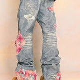 American Streetwear Sunset Lace Patchwork Jeans Men's and Women's Washed Denim Slim Fit Bootcut Casual Pants - Zeprah