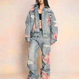 American Streetwear Sunset Lace Patchwork Jeans Men's and Women's Washed Denim Slim Fit Bootcut Casual Pants - Zeprah