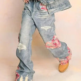 American Streetwear Sunset Lace Patchwork Jeans Men's and Women's Washed Denim Slim Fit Bootcut Casual Pants - Zeprah